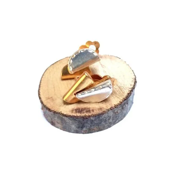 Vintage Modern Design Earrings, 1970s retro Clip On ,  Tow Tone Gold plated, - Picture 2 of 9